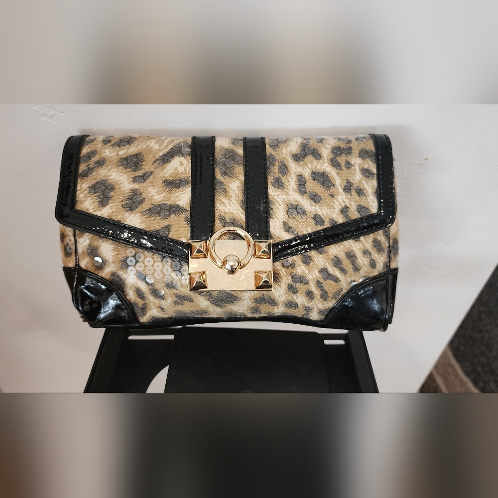 Betsey Johnson Leopard Print Clutch with Black Trim and Gold Accent